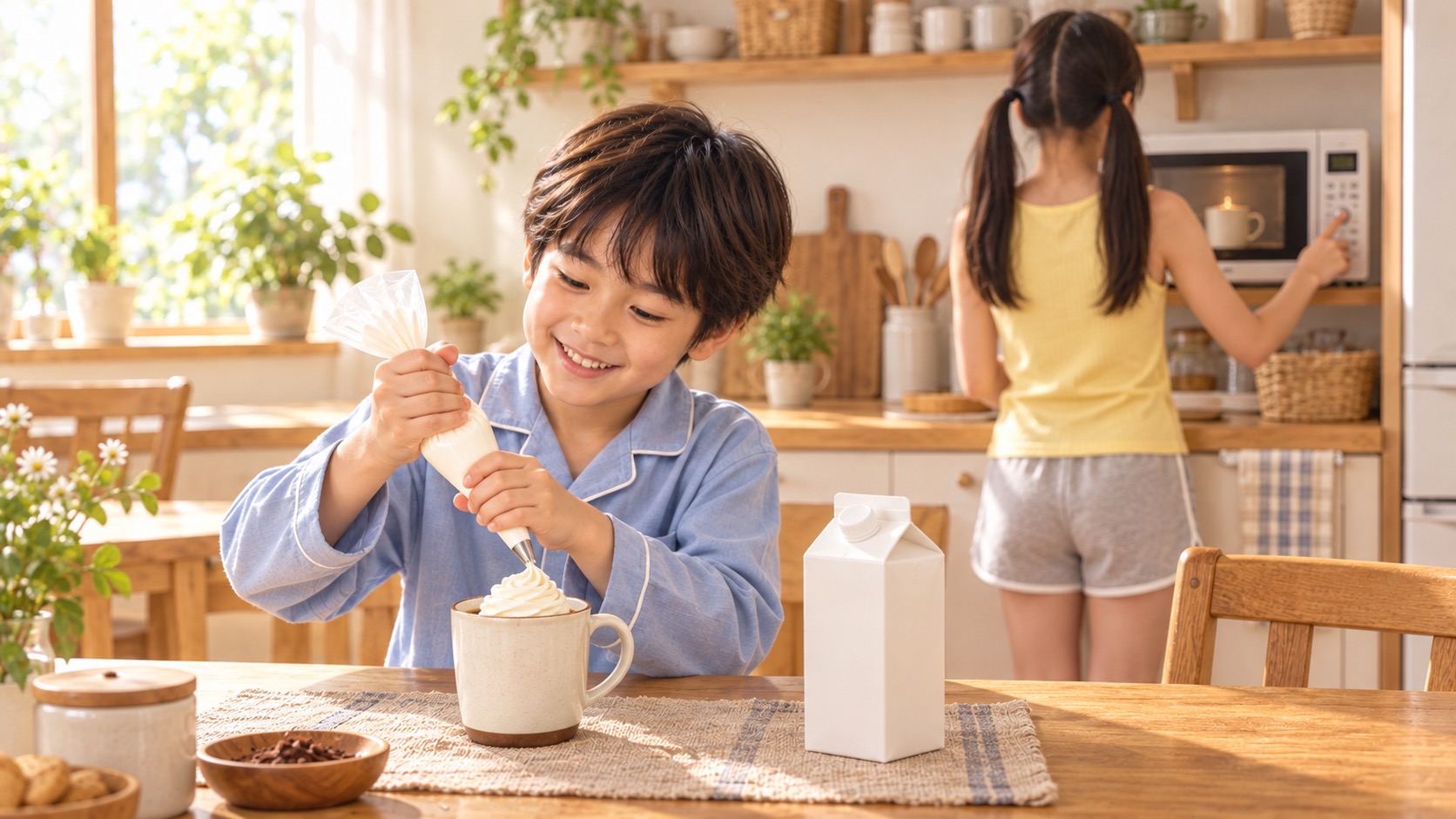 牛乳パックのあるテーブルでYUTAがコーヒーにホイップを絞り、奥で黄色いタンクトップ姿のYUMEが電子レンジでミルクを温める場面