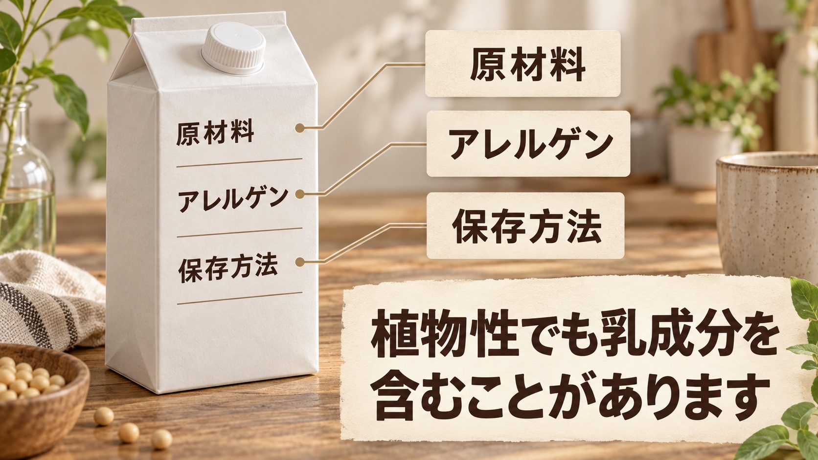 パッケージで原材料、乳成分などのアレルゲン、保存方法の三つを確認する図