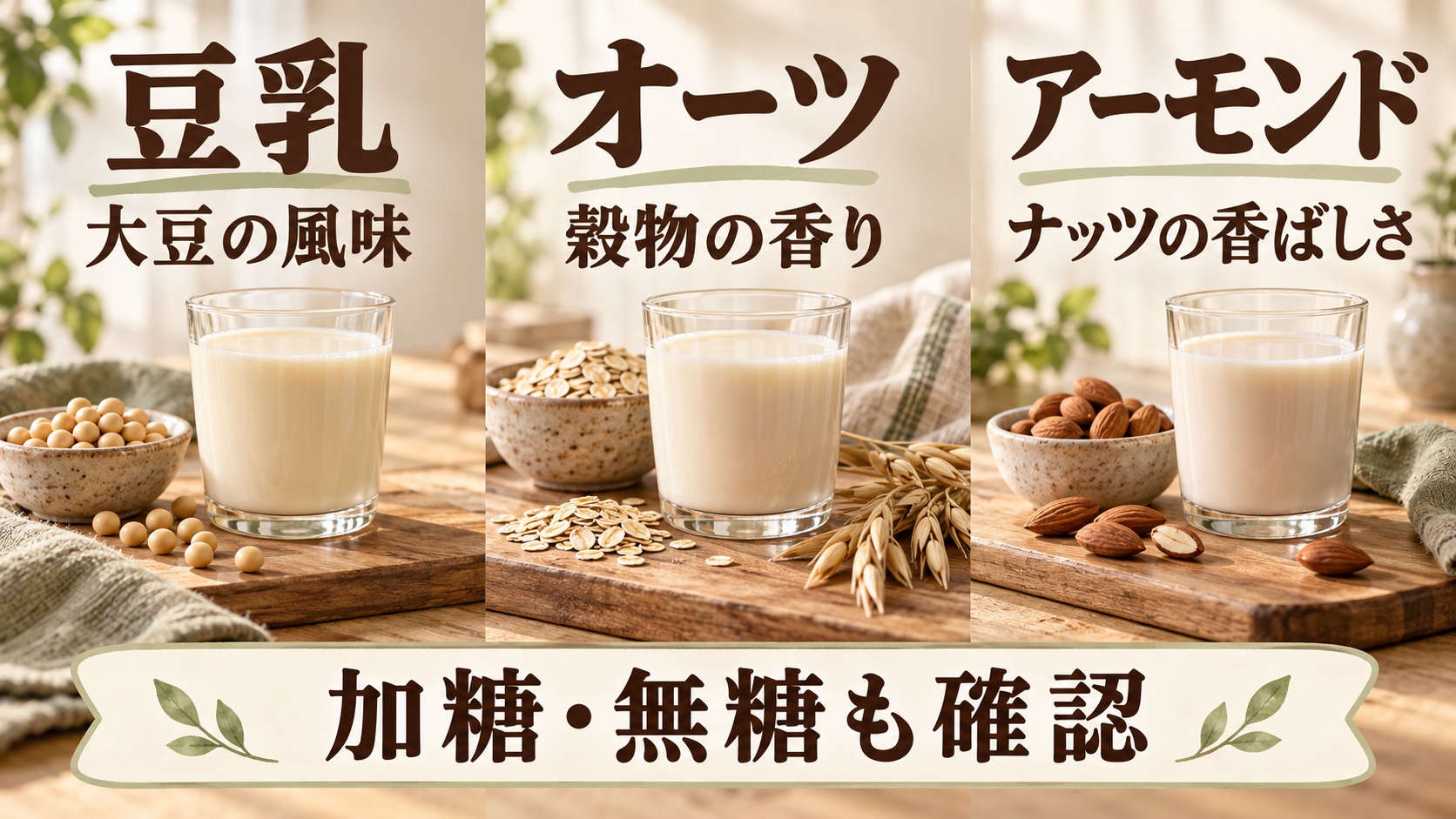 豆乳は大豆、オーツは穀物、アーモンドはナッツの香りに注目し、加糖の有無を比べる図