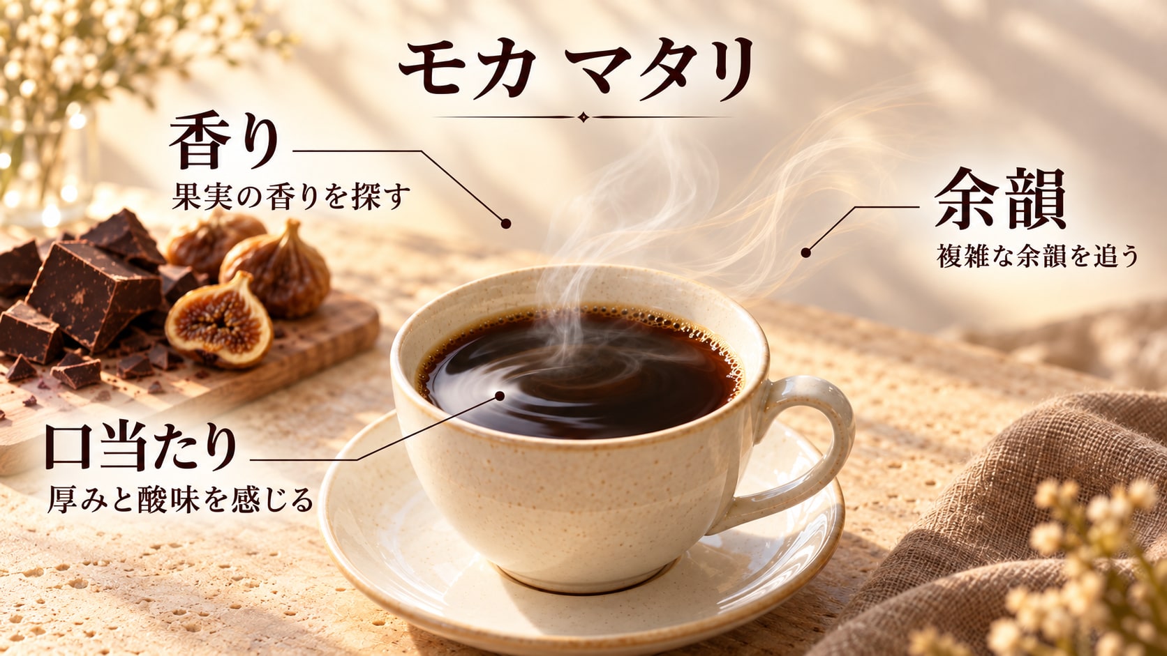 モカ マタリのカップを中心に香り・口当たり・余韻の三つの注目点を示した図解