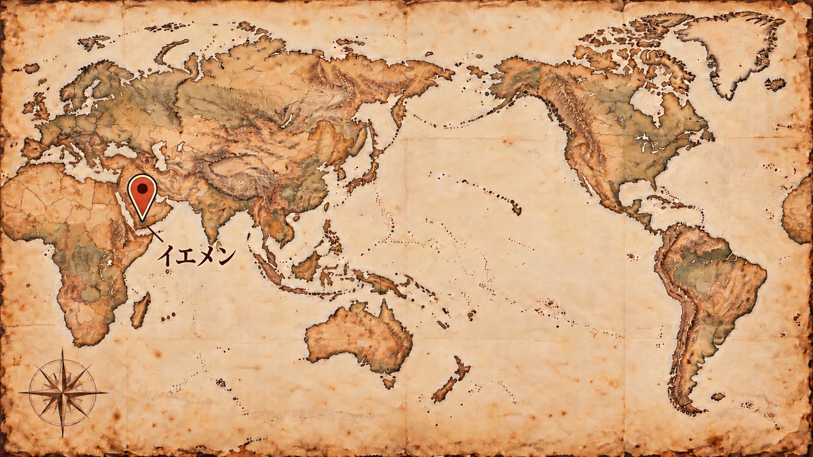 モカ マタリの概略位置を示す日本中心の古紙風世界地図