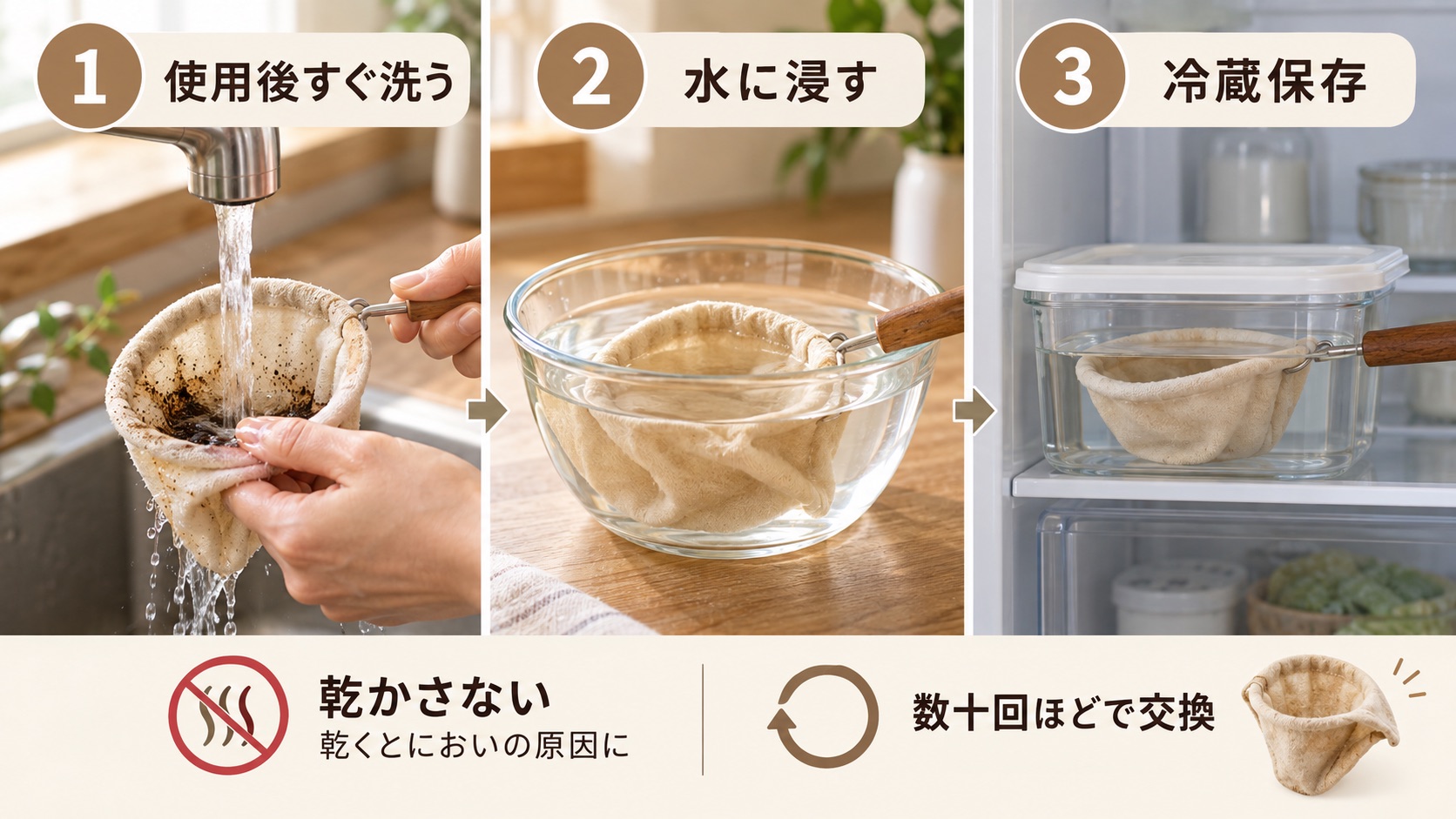 ネルフィルターのお手入れ手順の図。使用後すぐ洗う、乾かさず水に浸す、冷蔵庫で保存する