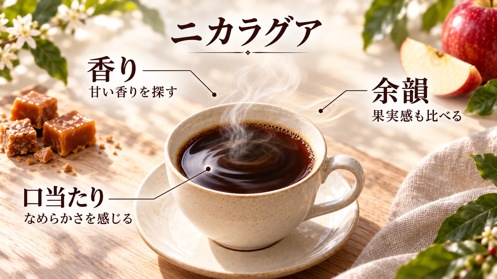 ニカラグアのカップを中心に香り・口当たり・余韻の三つの注目点を示した図解