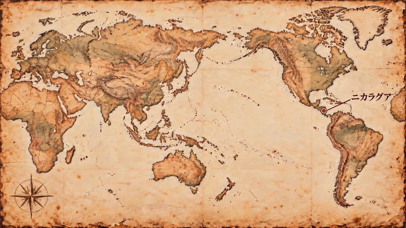 ニカラグアの概略位置を示す日本中心の古紙風世界地図