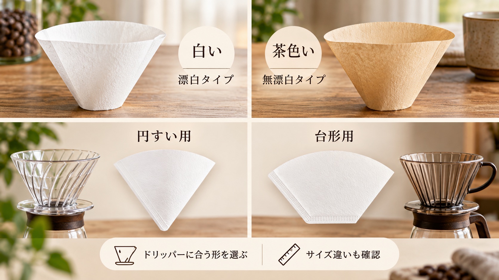 ペーパーフィルターの選び方の図。白い漂白タイプと茶色い無漂白タイプ、円すい用と台形用の違い