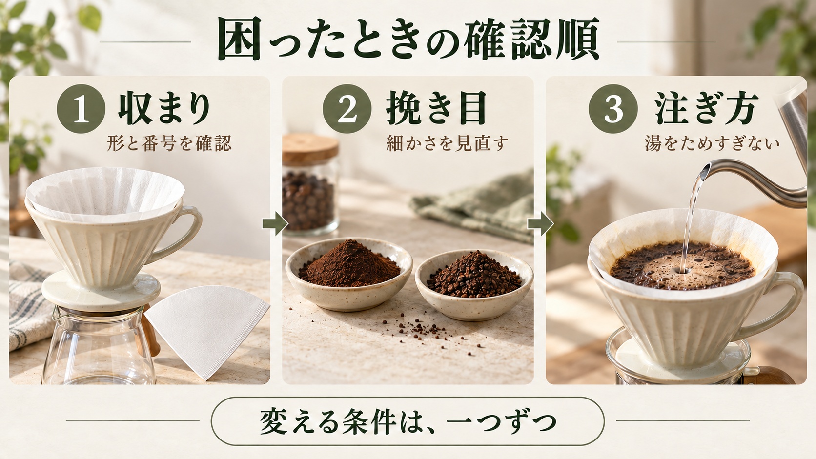 落ちる速さに困ったら、最初に紙の収まりと対応番号、次に粉の挽き目、最後に注ぎ方を確認。一度に変える条件は一つだけにする。