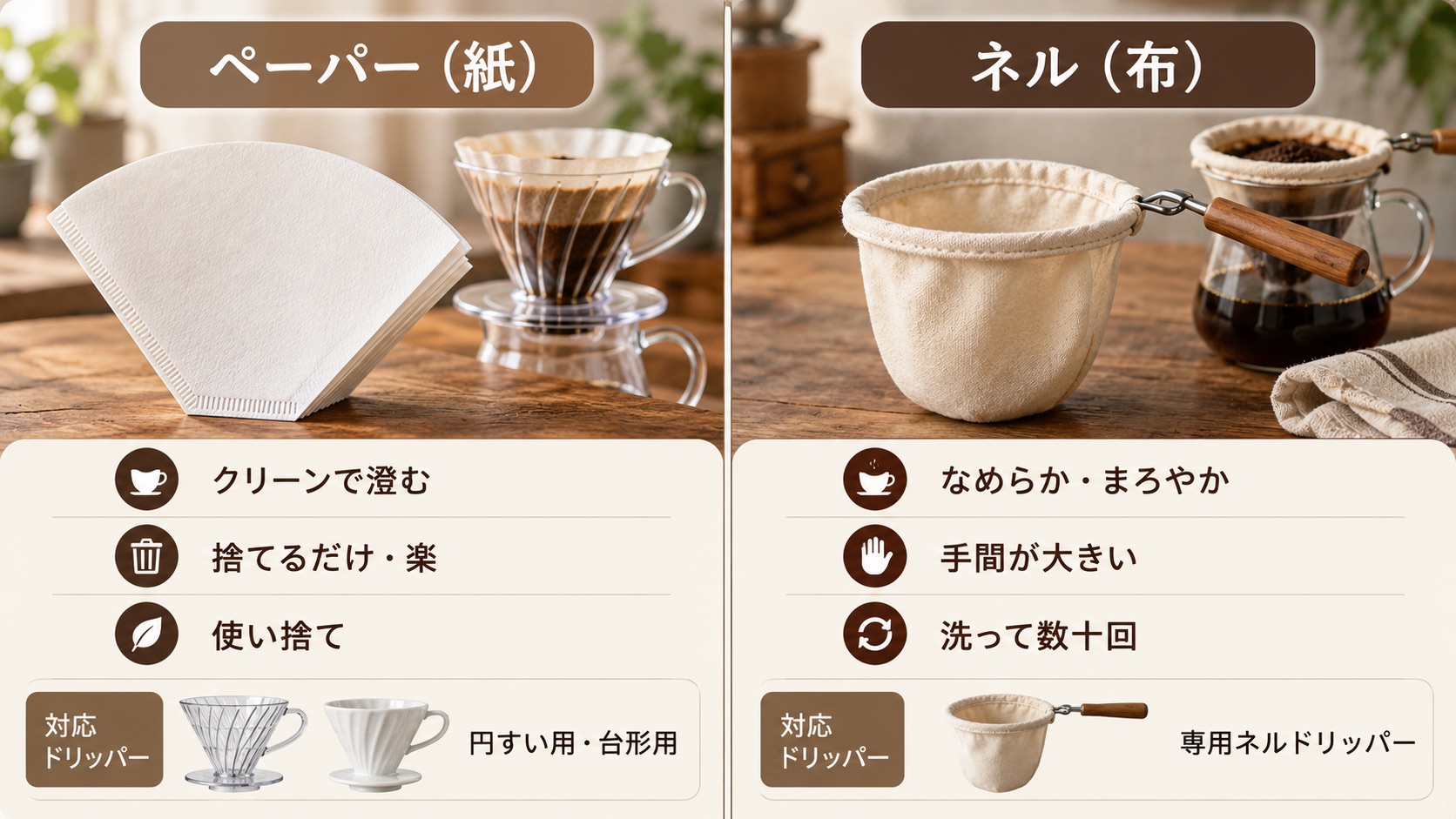 ペーパー(紙)とネル(布)の違いを並べた比較図。味・お手入れ・繰り返し使えるかの違い
