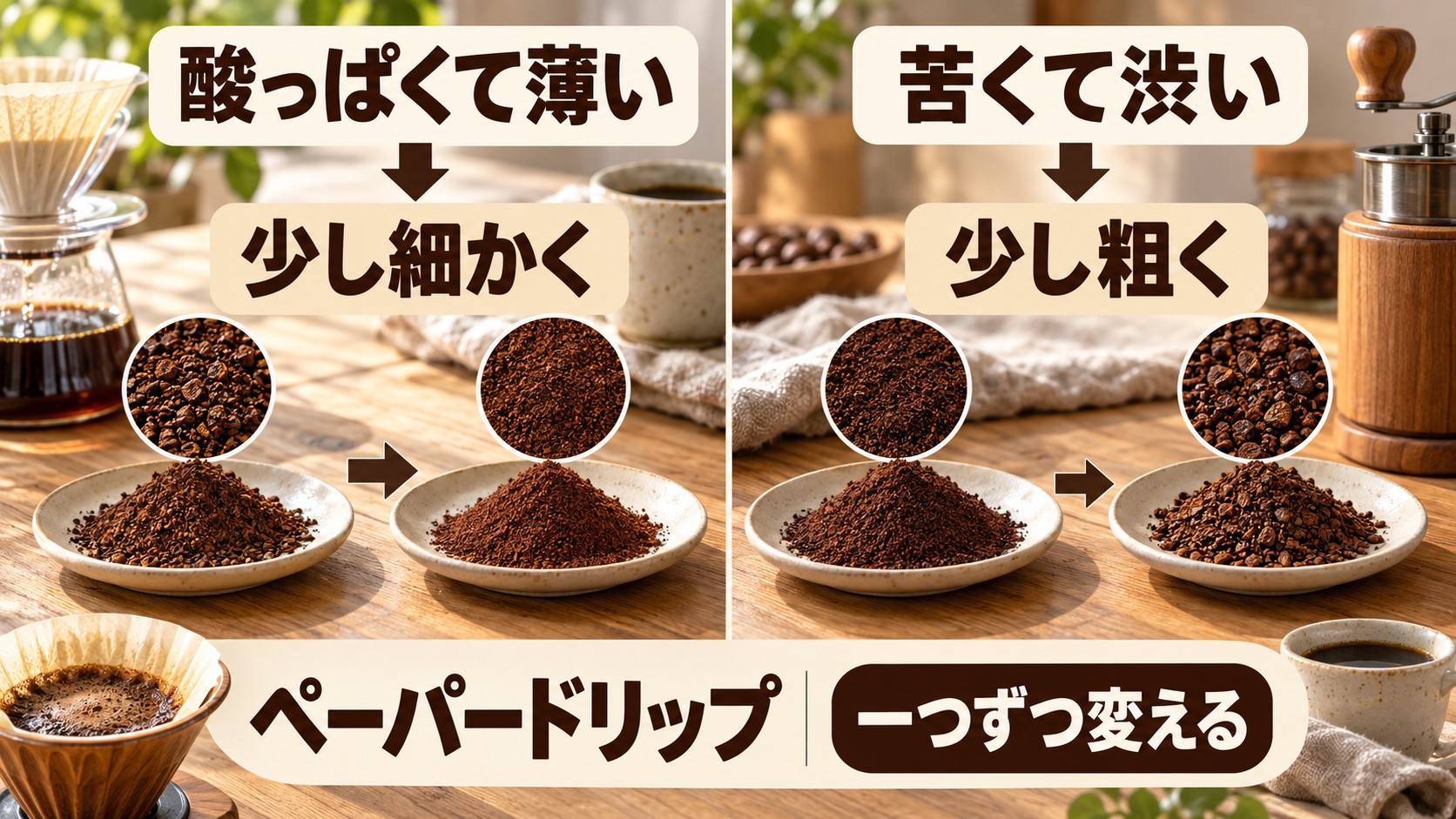 ペーパードリップで酸っぱくて薄いときは少し細かく、苦くて渋いときは少し粗く挽き、一つずつ変える調整図