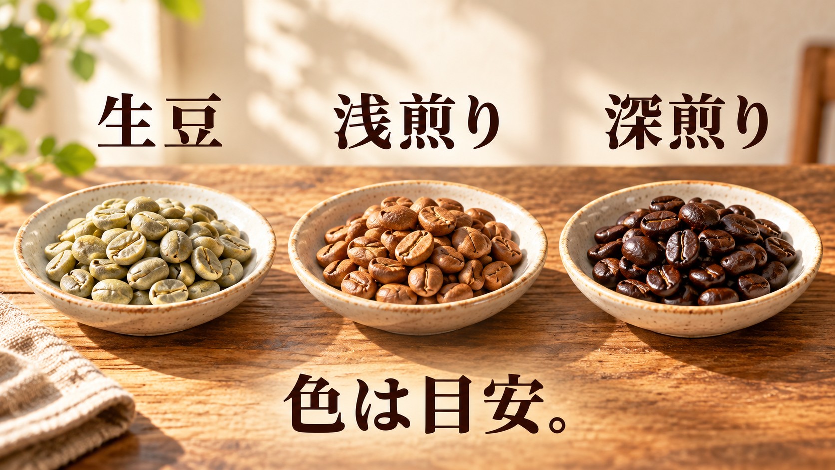生豆から浅煎り、深煎りへ変わる豆の色と形の概念的な比較