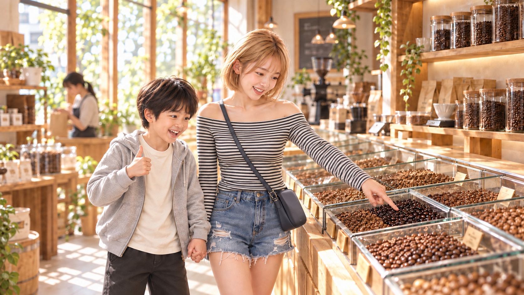 白黒ボーダーの肩出しトップスと斜めがけバッグのHINATAが、YUTAと手をつなぎながら深煎り豆を指さして選ぶ場面