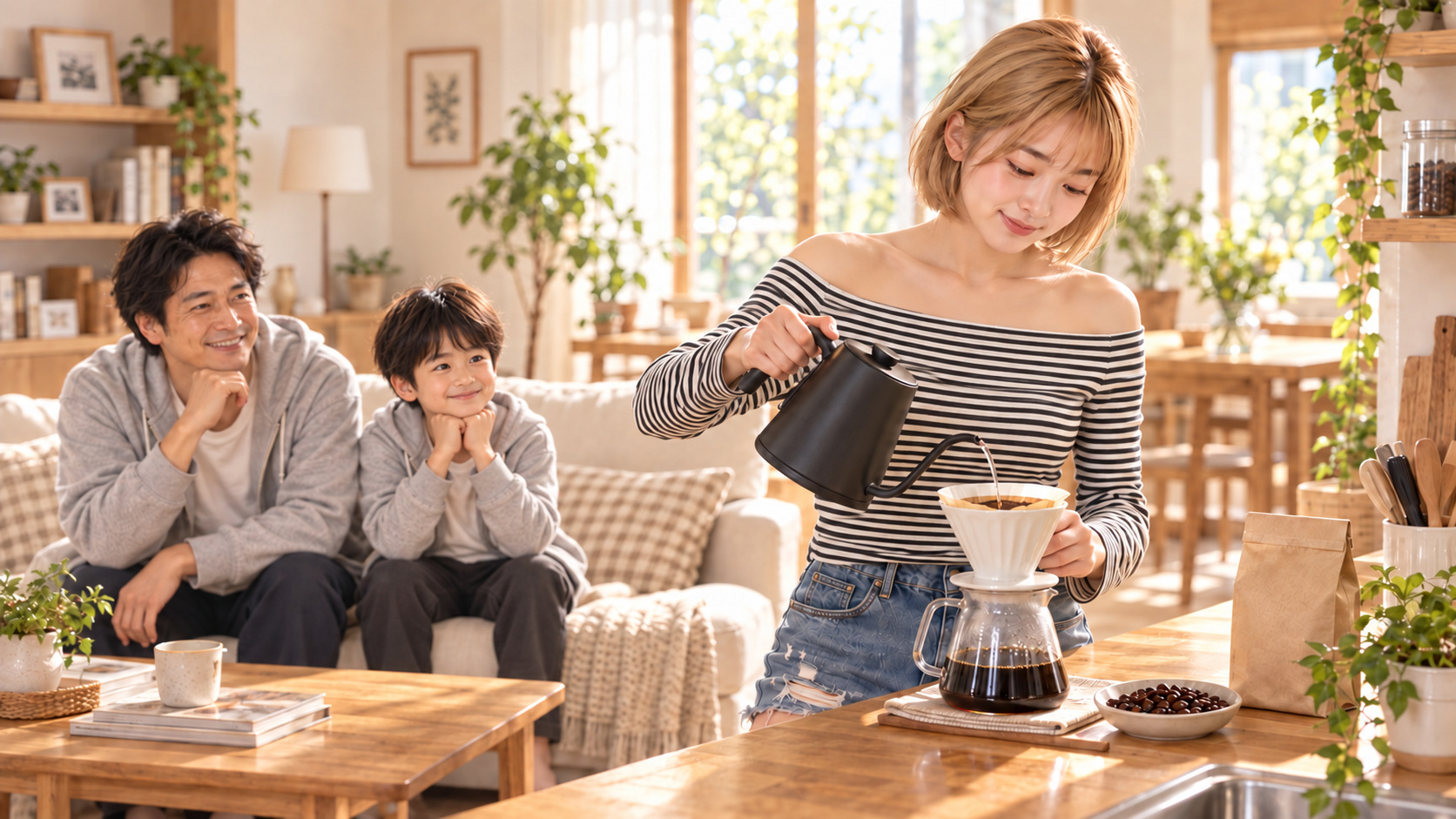白黒ボーダーの肩出しトップスのHINATAがドリップでコーヒーを淹れ、ソファのTAKERUと小柄なYUTAが柔らかな笑顔で待つ場面