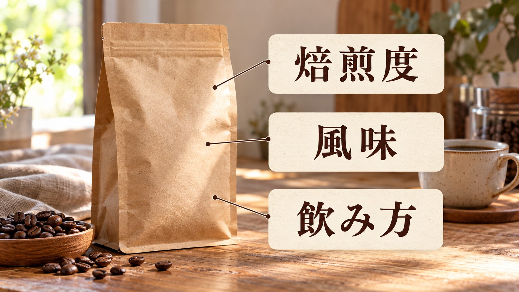 豆袋を選ぶときに確認する焙煎度、風味、飲み方の三つの項目