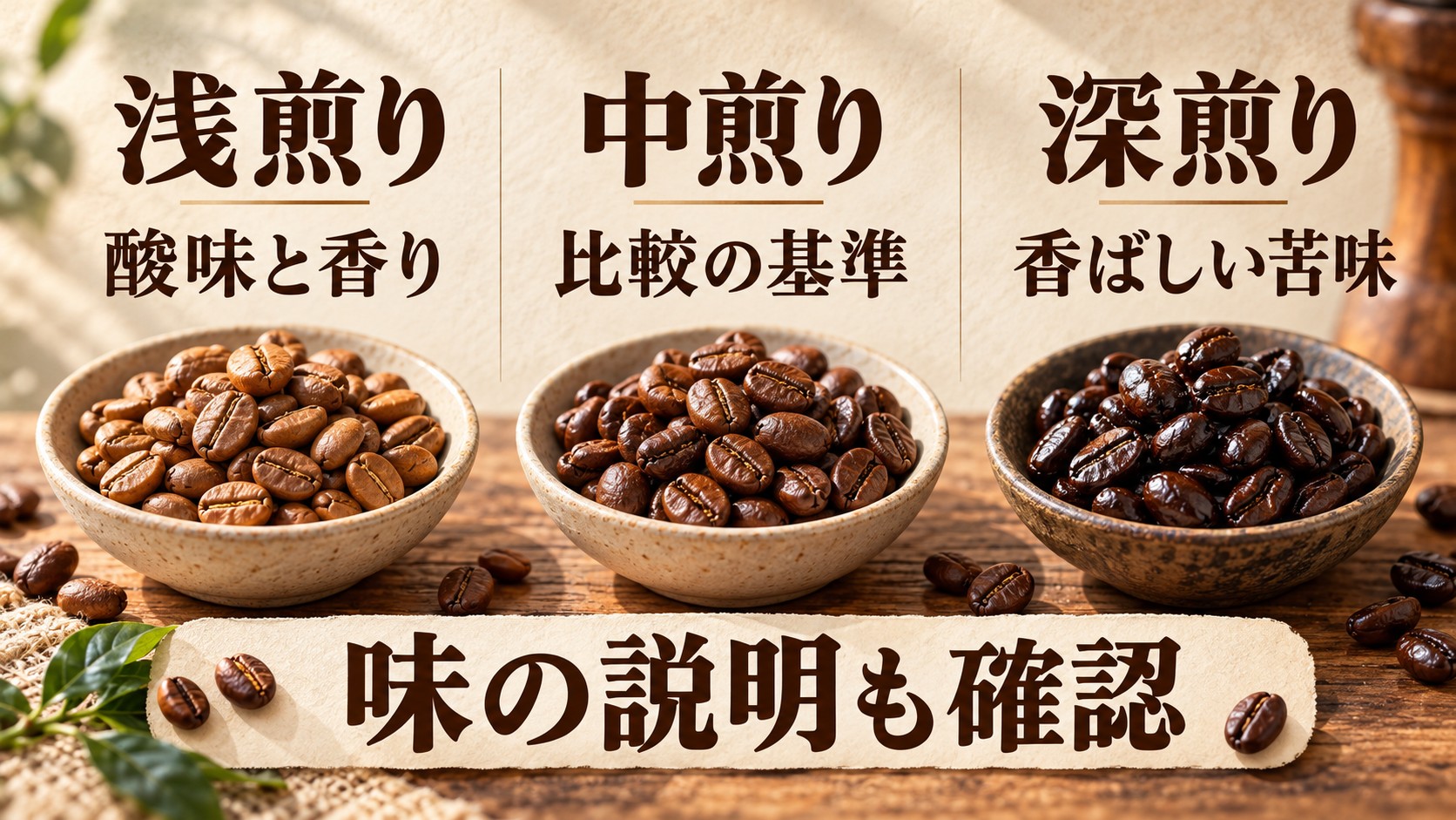 浅煎りは酸味と香り、中煎りは比較の基準、深煎りは香ばしい苦味という選び方と、味の説明も確認する注意点