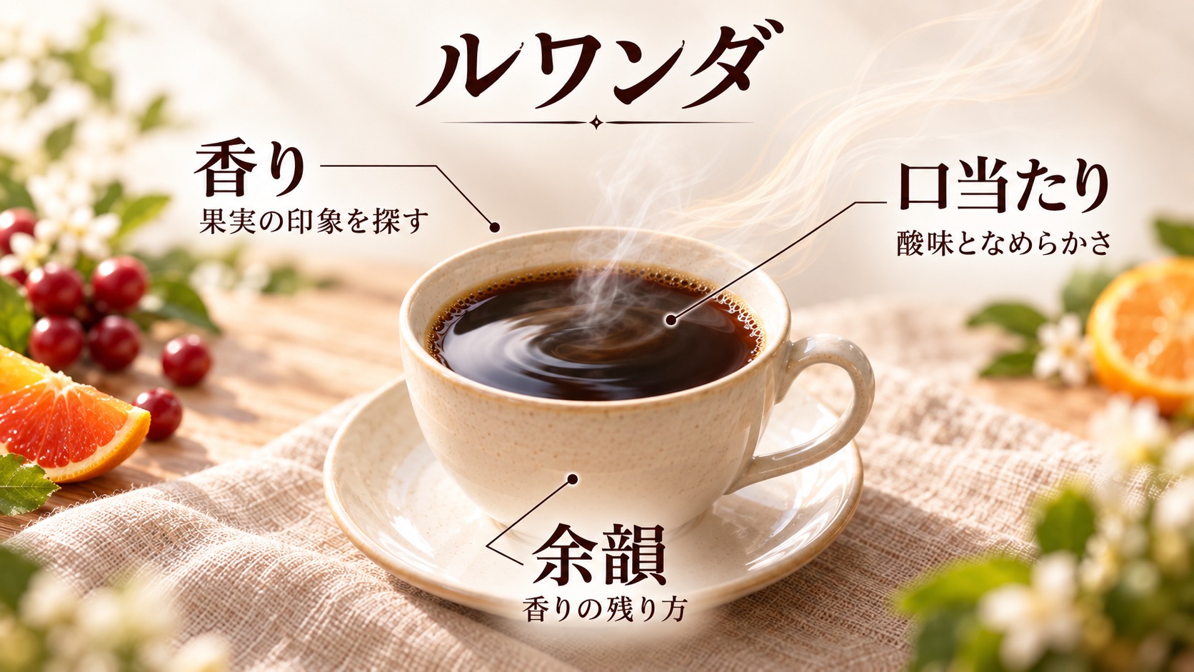 ルワンダのカップを中心に香り・口当たり・余韻の三つの注目点を示した図解