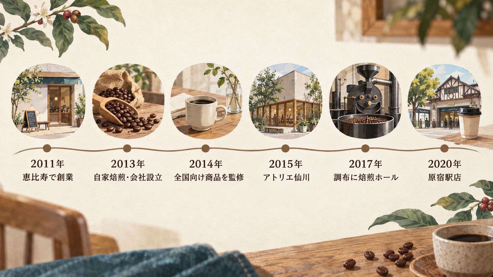 2011年の恵比寿での創業から2020年の原宿駅店まで、猿田彦珈琲の主な歩みを示す年表