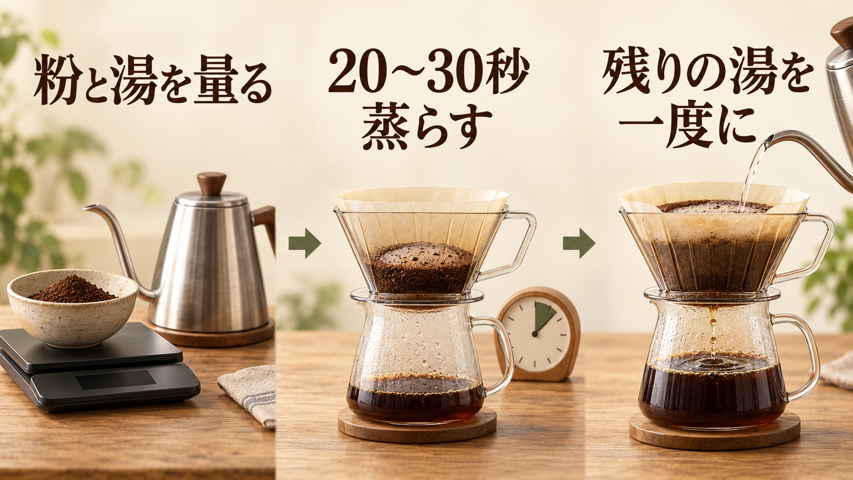 メリタ式は粉と湯を量り、20〜30秒蒸らしてから残りの湯を一度に注ぐ
