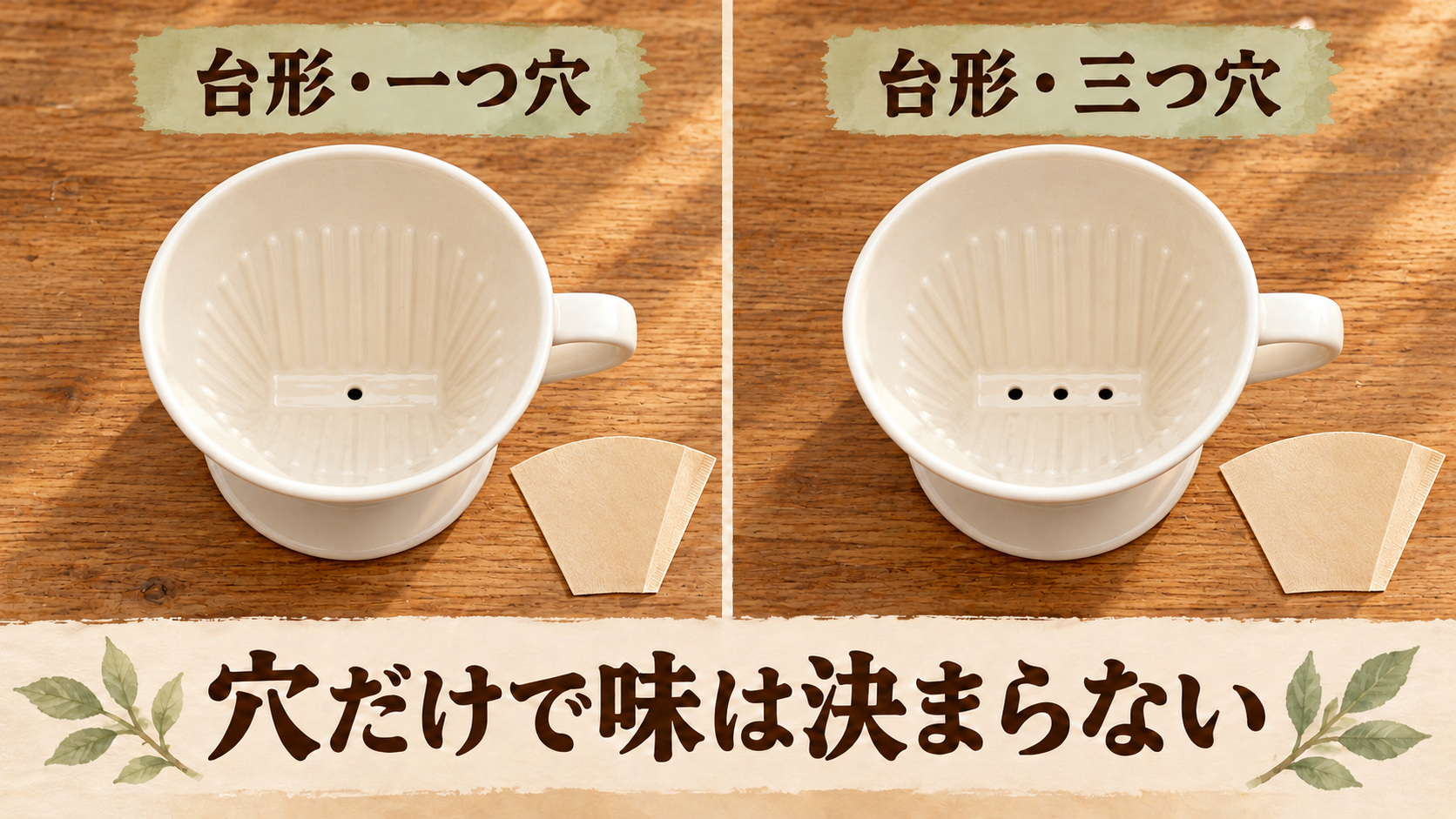台形の一つ穴と三つ穴を、形と紙と製品の手順で比較する図。穴だけで味は決まらない
