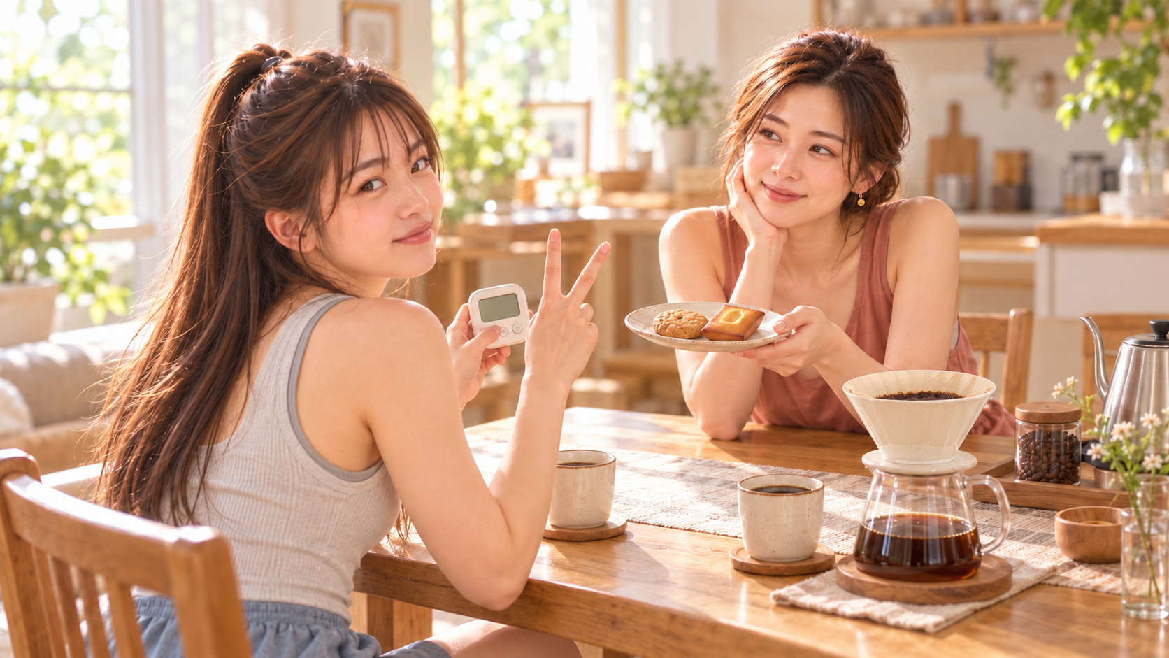 蒸らしを待ちながら、カンナが差し出す二種類のお菓子に迷うユメ