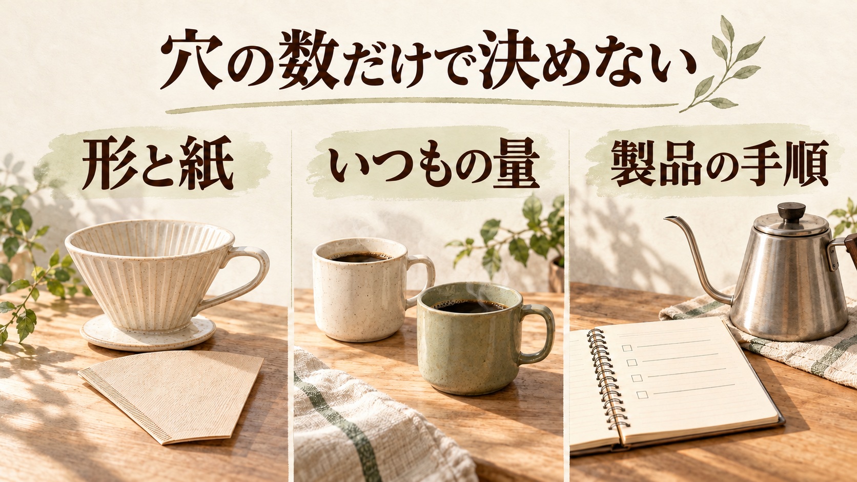 一つ穴ドリッパーを選ぶ三つの確認点。形と紙、いつもの量、製品の手順