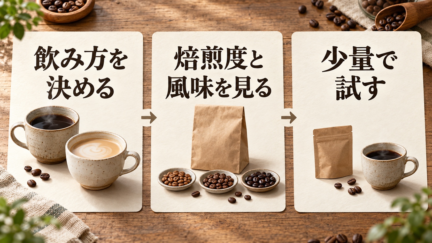 豆を選ぶ順序を、飲み方を決める、焙煎度と風味を見る、少量で試すという三つの手順で示した図解