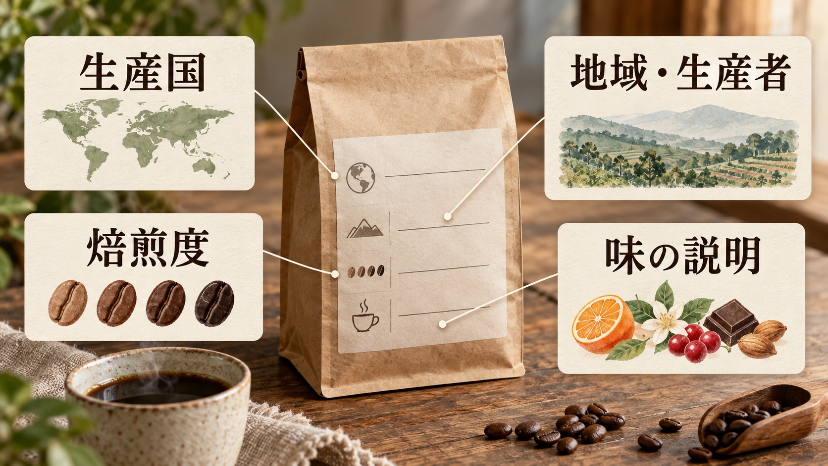 無地のコーヒー袋を例に、生産国・地域と生産者・焙煎度・味の説明を確認する位置を示した図解