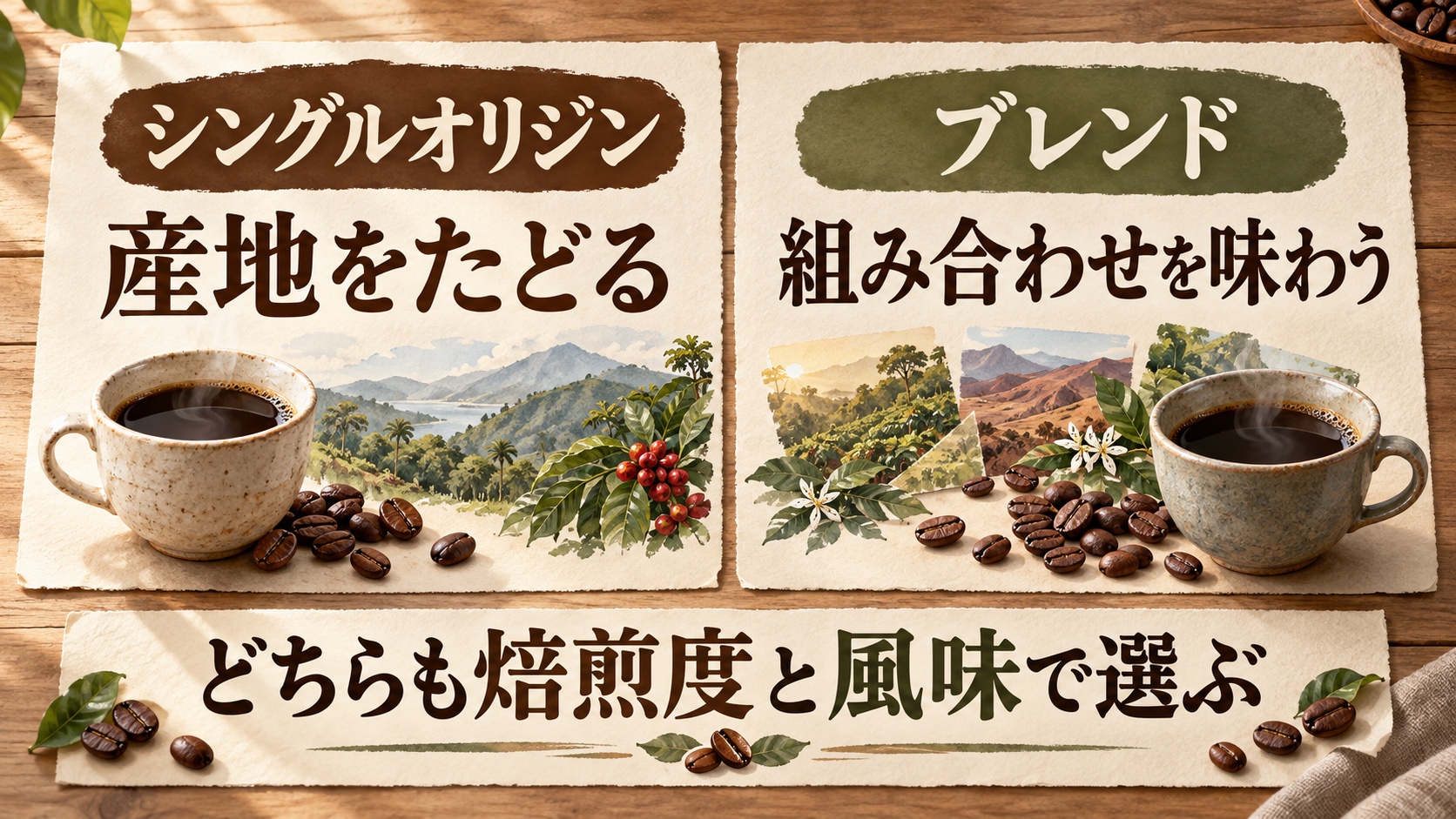 シングルオリジンは産地をたどる楽しみ、ブレンドは組み合わせを味わう楽しみ。両方とも焙煎度と味の説明で選べることを示す要約図解