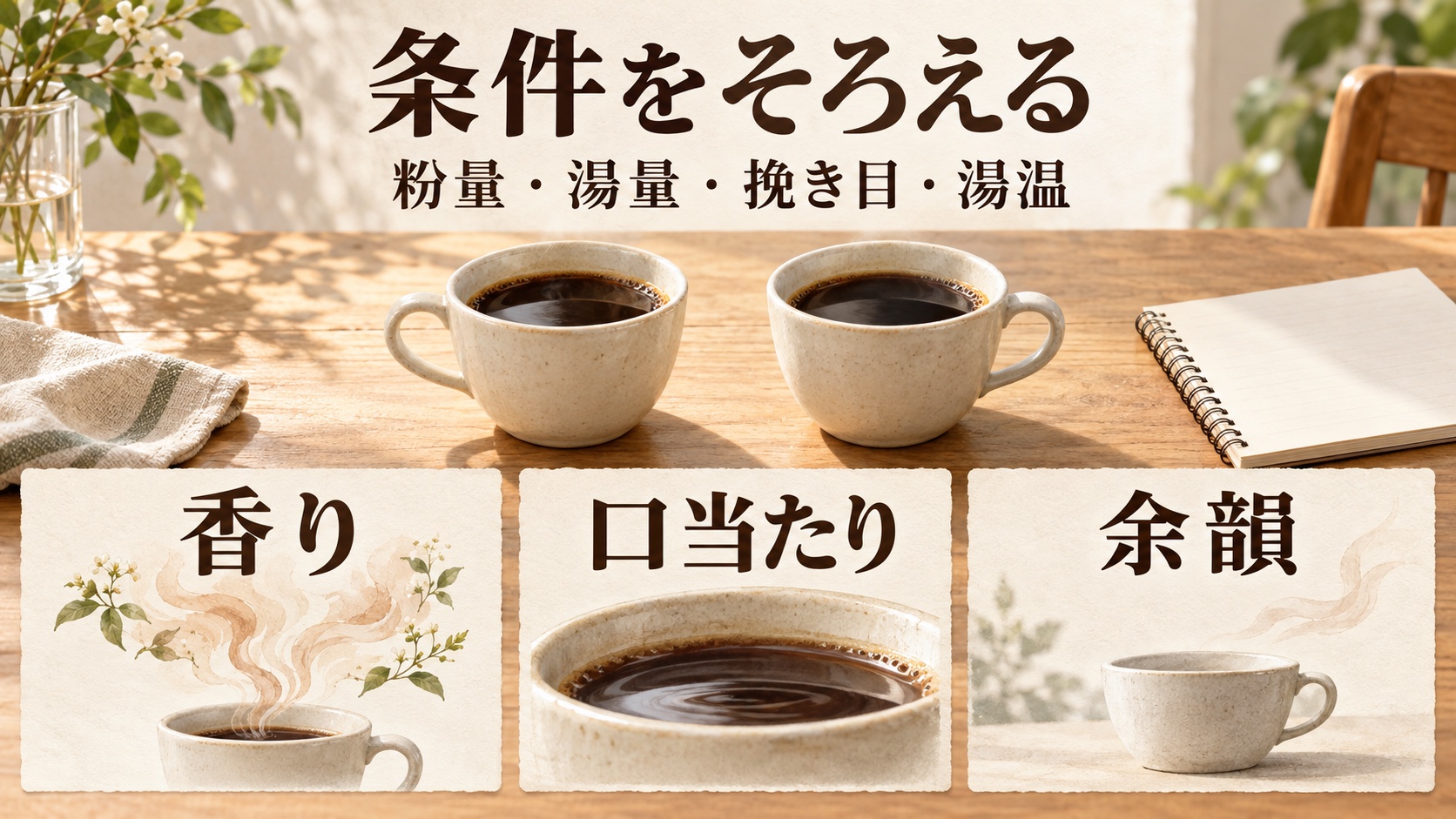 同じ抽出条件で二つのコーヒーを比べ、香り・口当たり・余韻の三つをメモする家庭の飲み比べ図解
