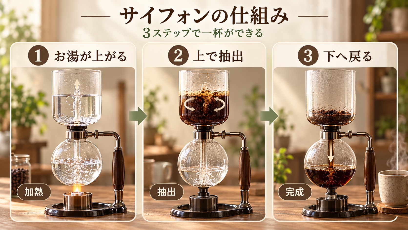 サイフォンでコーヒーができるまでの3ステップ。①温めてお湯を上へ ②上で粉とまざって抽出 ③火を止めて下へ戻す