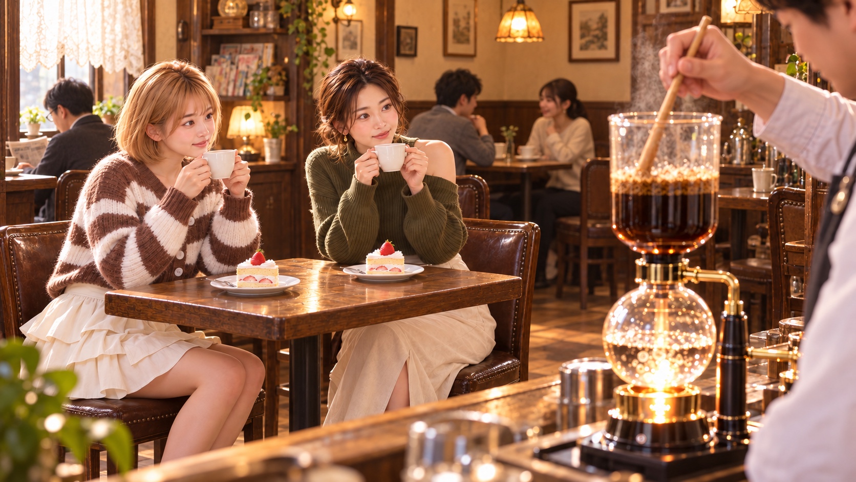 街の小さなレトロ喫茶店で、コーヒーカップを手にサイフォンの抽出をじっと眺めるHINATAとKANNA。二人分の苺のショートケーキが並び、背景では他のお客さんもくつろいでいる