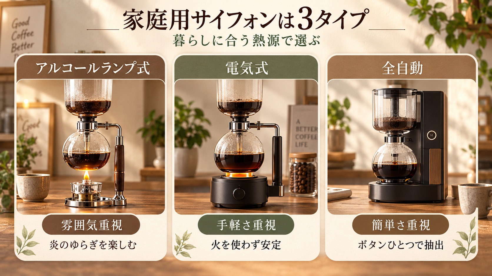 家庭用サイフォンの3タイプ。アルコールランプ式・電気式・全自動タイプ
