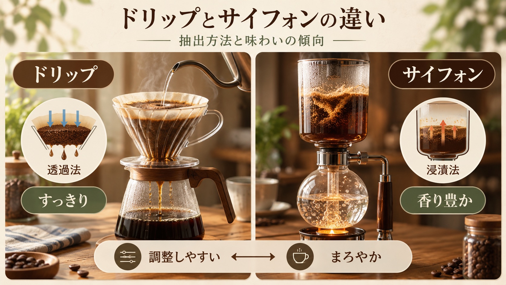 透過法(ドリップ)と浸漬法(サイフォン)のちがい。ドリップはお湯が粉を通り抜け、サイフォンは粉をお湯にひたす