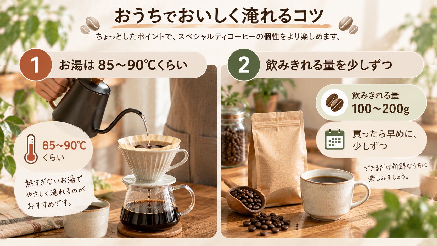 おうちでおいしく淹れる2つのコツ。お湯は85〜90℃くらい、飲みきれる量（100〜200g）を買って早めに少しずつ楽しむ