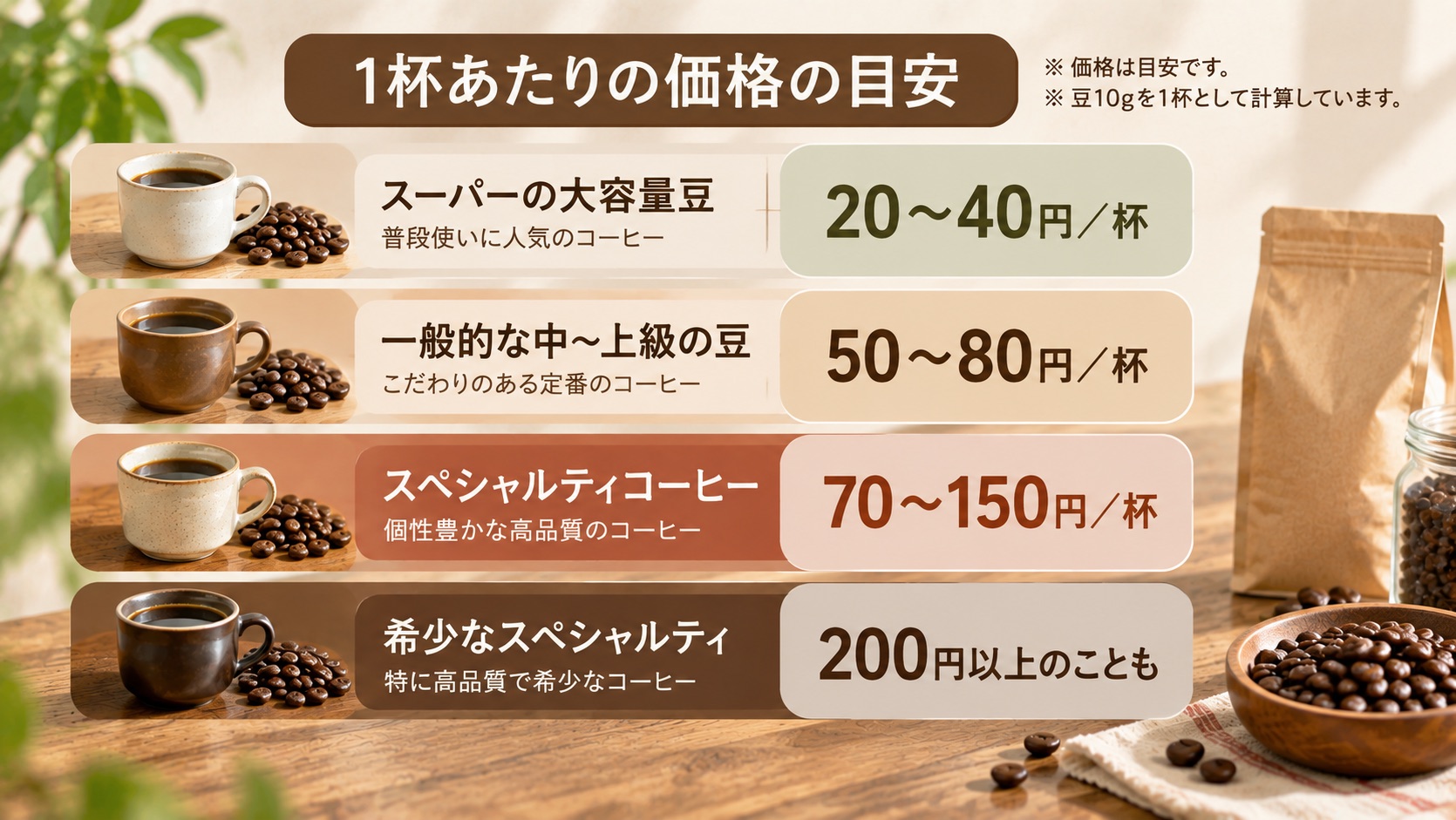 1杯あたりの価格の目安を比べた図。スーパーの大容量豆は20〜40円、一般的な中〜上級の豆は50〜80円、スペシャルティは70〜150円、希少なものは200円以上のことも