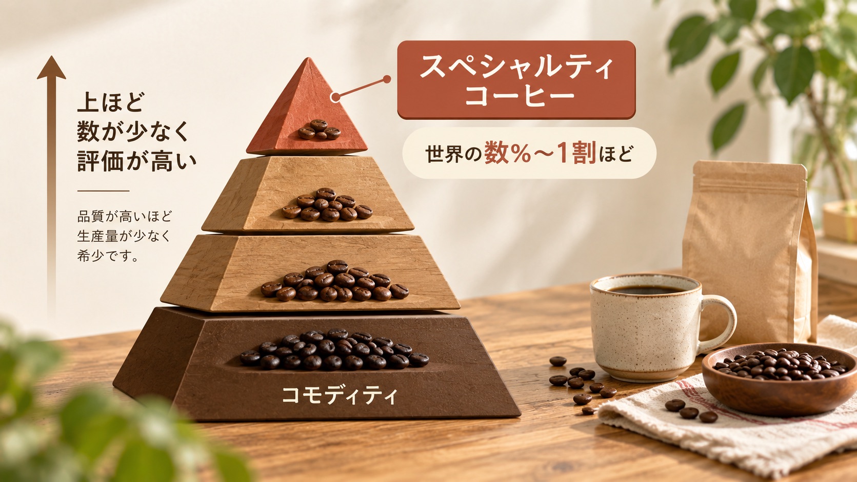 コーヒーの品質をピラミッドで表した図。いちばん上がスペシャルティコーヒーで世界の数％〜1割ほど、下にいくほど量が多くコモディティになる