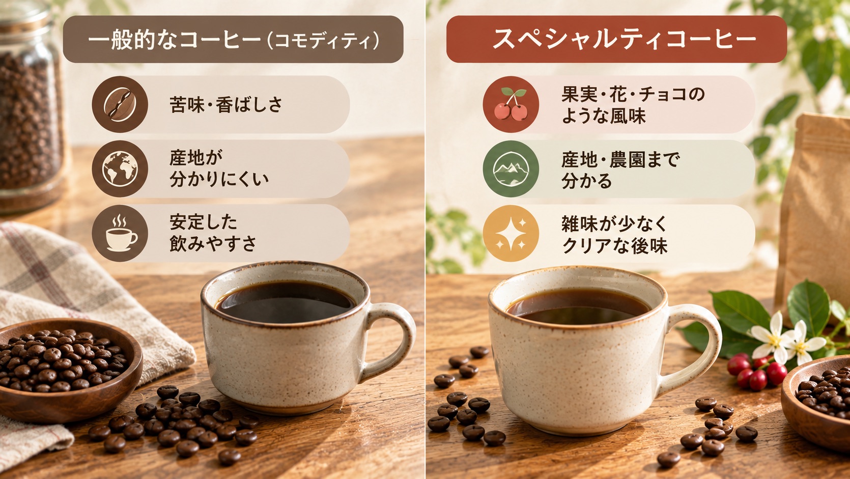 一般的なコーヒーとスペシャルティコーヒーの味の違いを並べた比較図。左は苦味・香ばしさ、右は果実や花のような風味とクリアな後味