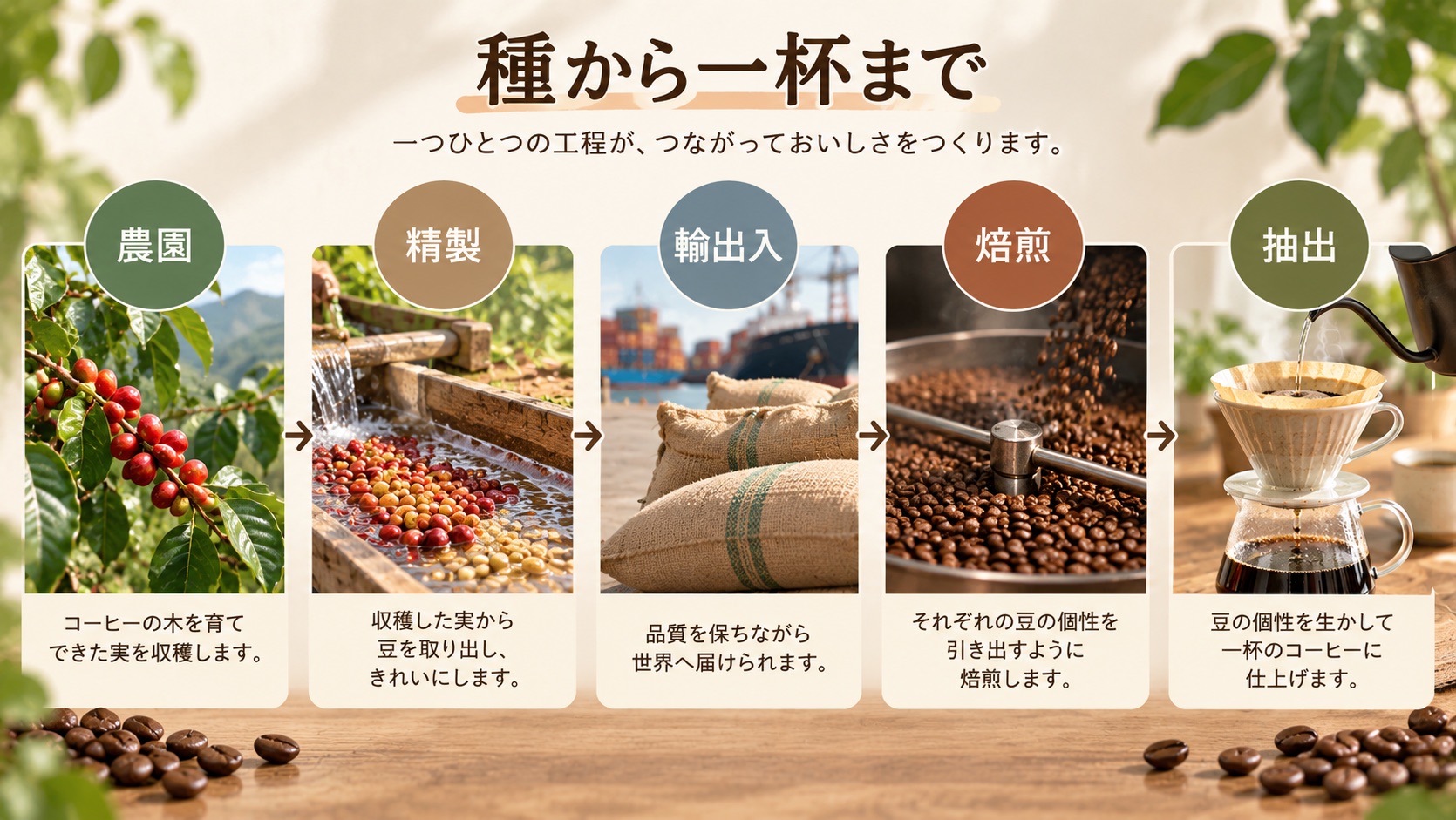 種から一杯までの5つの工程。農園、精製、輸出入、焙煎、抽出と順につながり、どの段階でも品質が管理されている