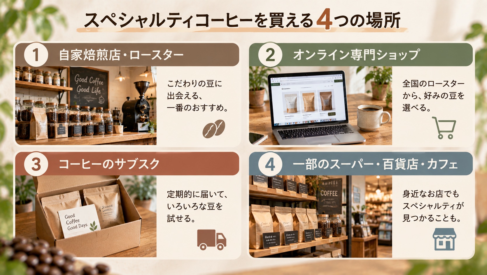 スペシャルティコーヒーを買える4つの場所。自家焙煎店・ロースター、オンライン専門ショップ、コーヒーのサブスク、一部のスーパー・百貨店・カフェ