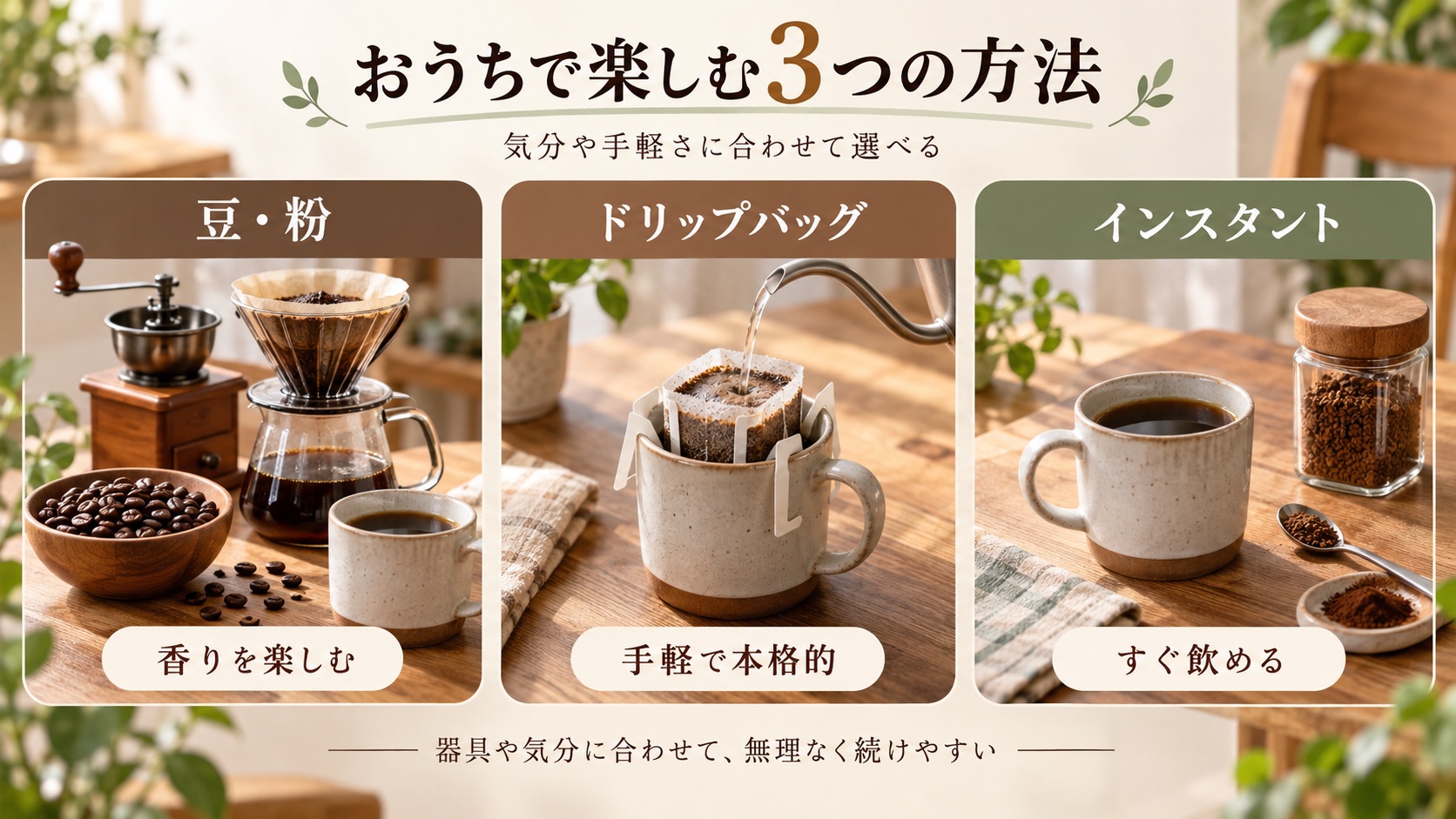おうちで楽しむ3つの方法。「豆・粉」で香りを楽しむ、「ドリップバッグ」で手軽に本格的、「インスタント」ですぐ飲める、の3つを並べた図