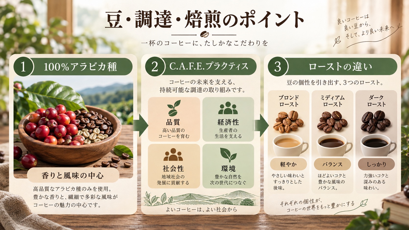 豆・調達・焙煎のポイント。①100%アラビカ種、②C.A.F.E.プラクティス(品質・経済性・社会性・環境)、③ブロンド/ミディアム/ダークのローストの違いを3つに分けて並べた図
