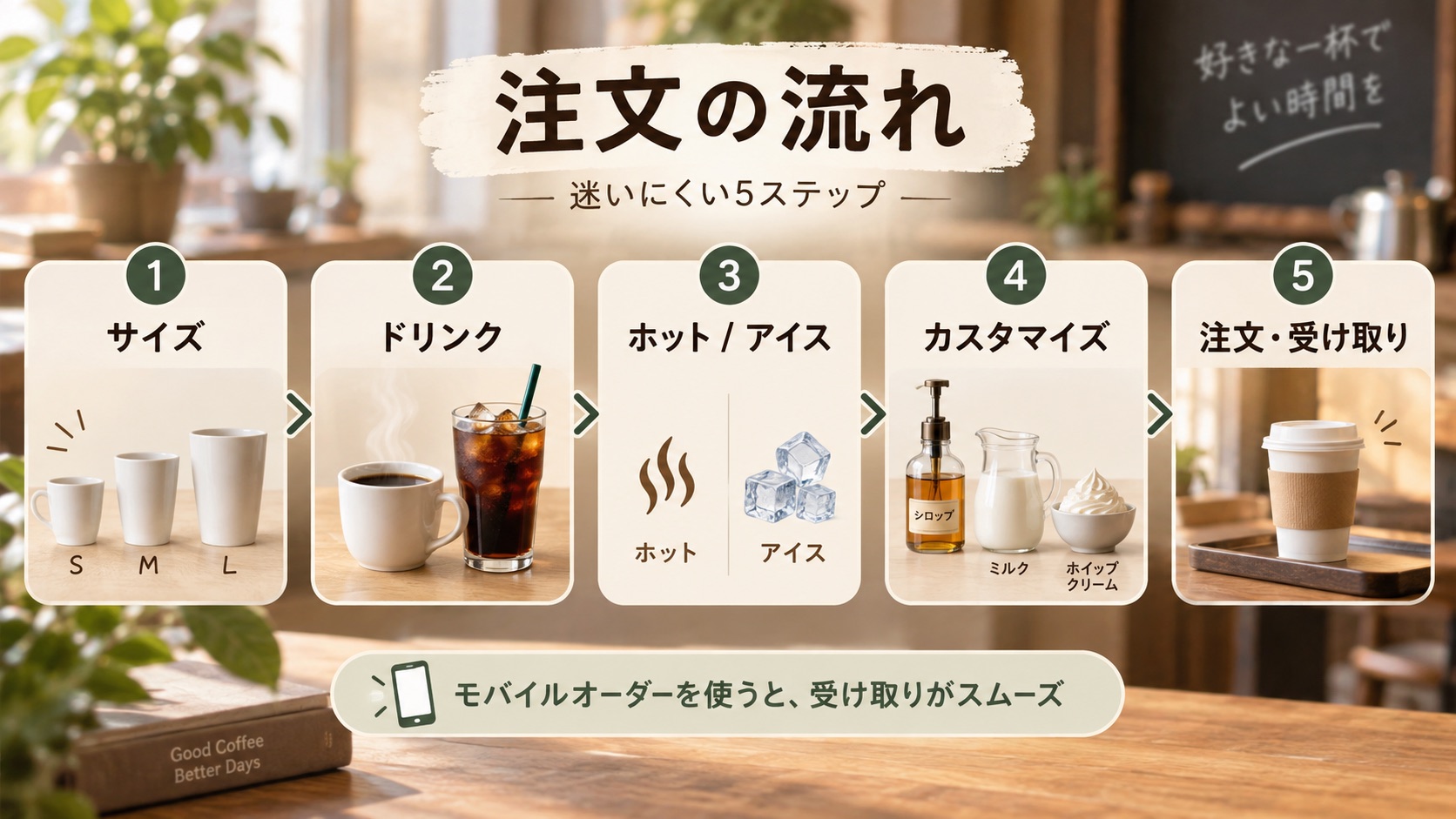 注文の流れ、迷いにくい5ステップ。①サイズ、②ドリンク、③ホット/アイス、④カスタマイズ、⑤注文・受け取り、の順に並べた図
