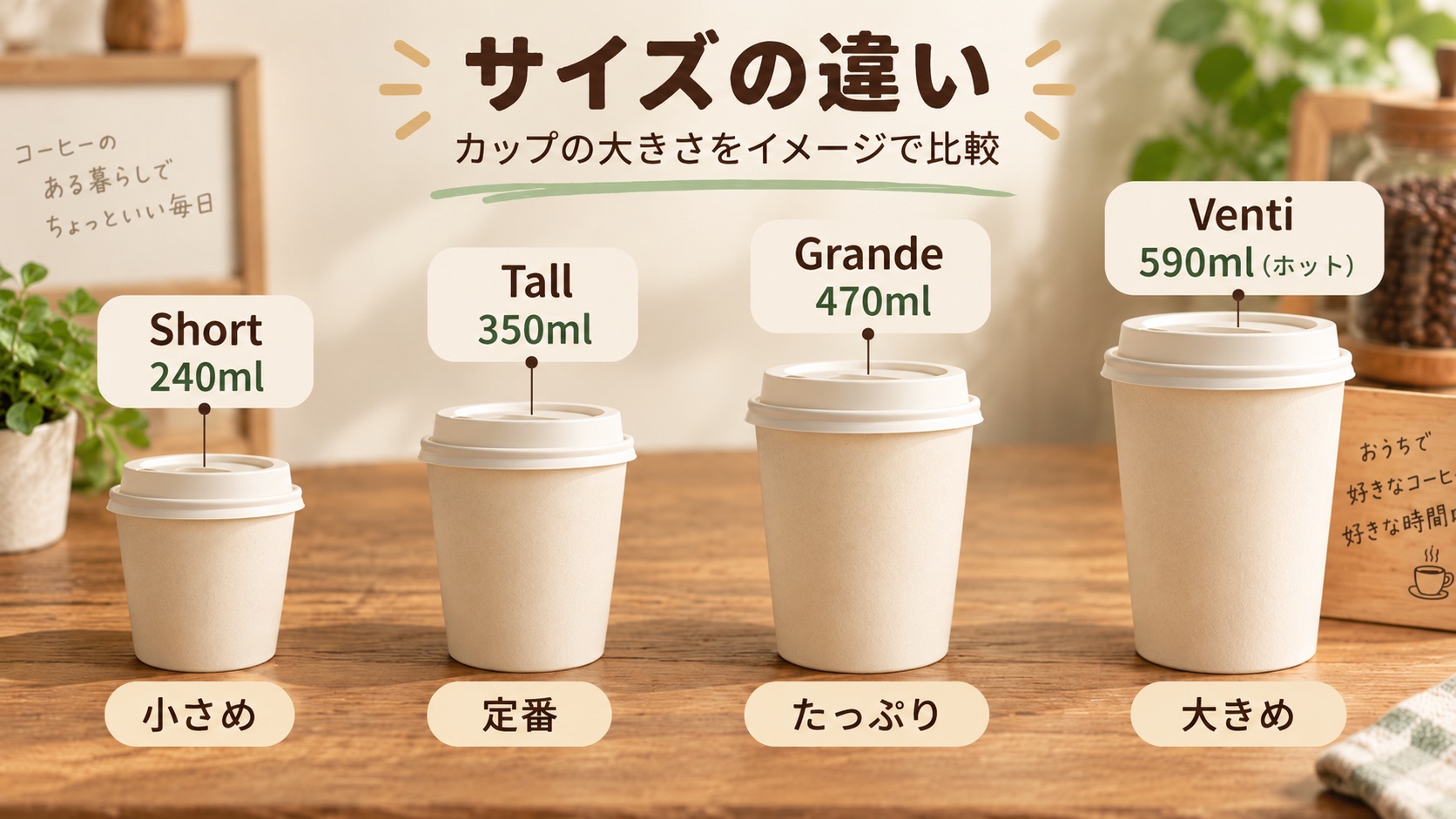 スターバックスのサイズ比較。ショート240ml、トール350ml、グランデ470ml、ベンティ590mlのカップを小さい順に並べた図