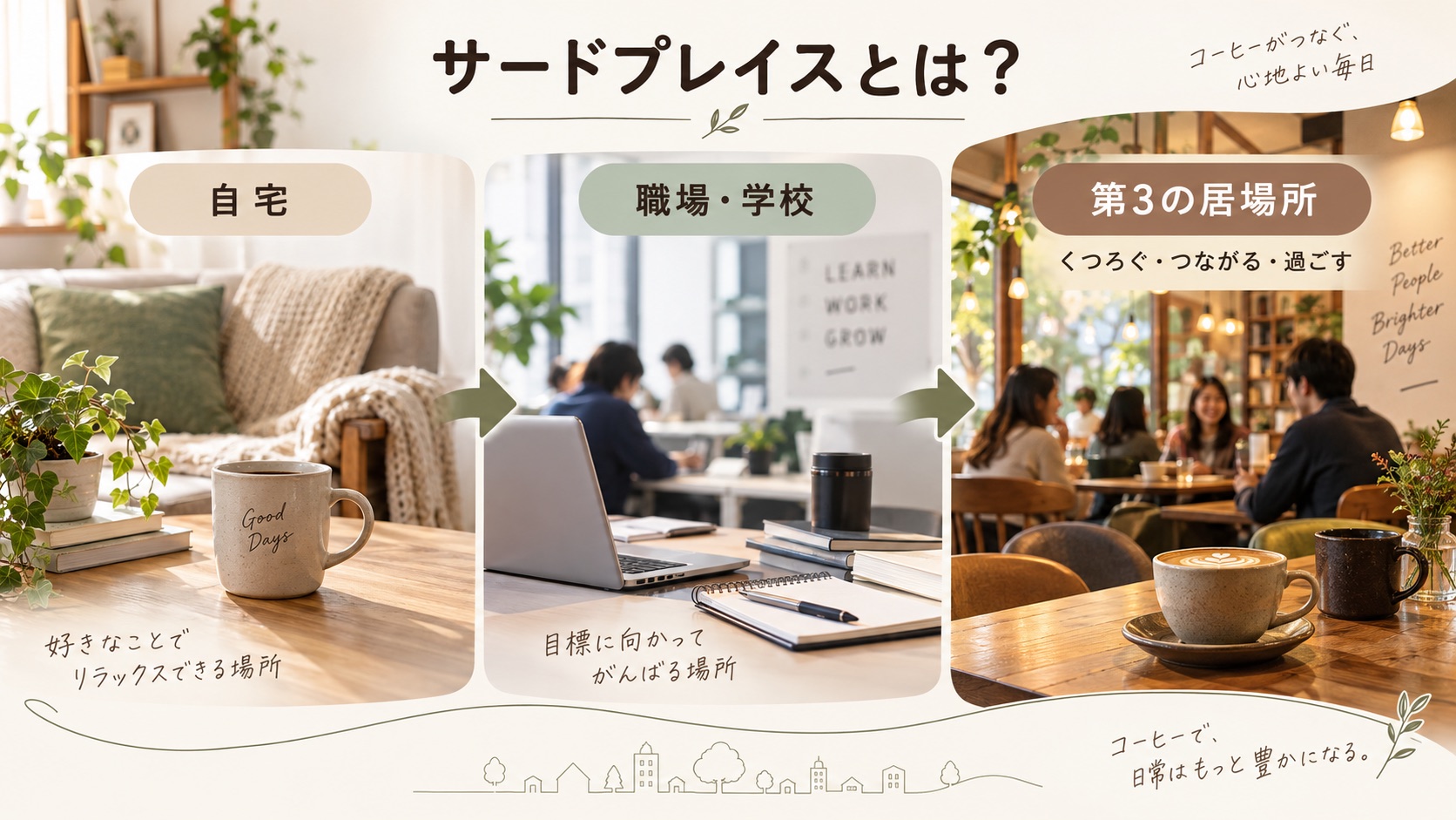 サードプレイスとは? 「自宅」「職場・学校」「第3の居場所」の3つを横に並べ、第3の居場所は“くつろぐ・つながる・過ごす”場所だと説明した図