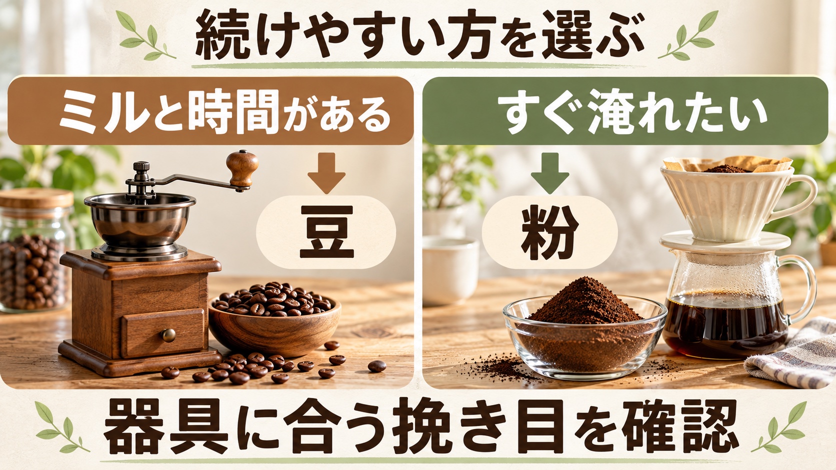 ミルと挽く時間があれば豆、すぐに淹れたいなら器具に合う粉を選ぶ考え方
