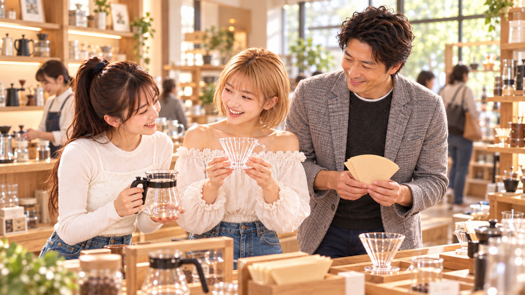 コーヒー専門店で、長女がドリッパー、妹がサーバー、父が対応ペーパーを手に、笑顔で道具を選ぶ家族