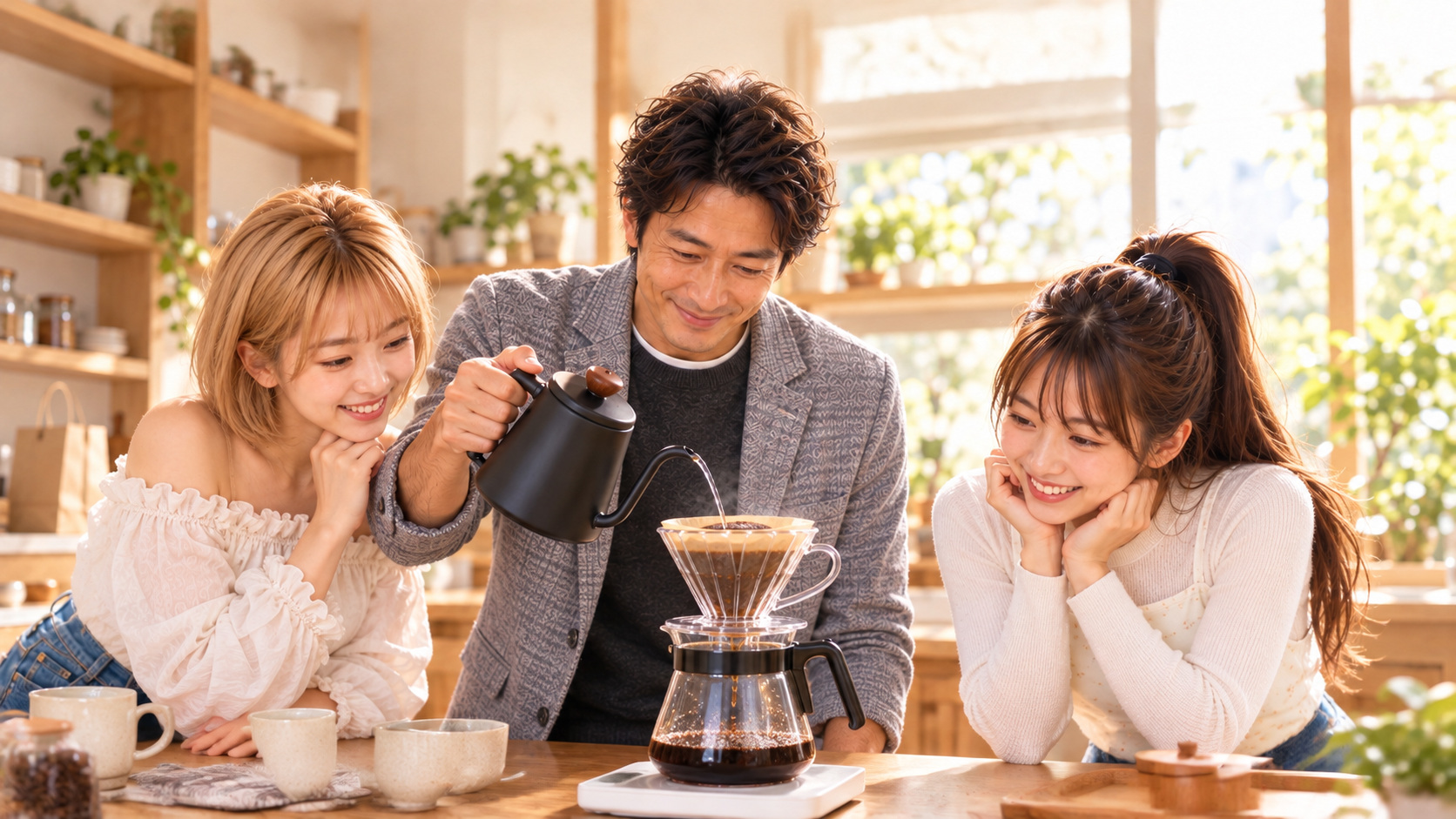 新しい道具でコーヒーを淹れる父の両側から、長女と妹が笑顔で抽出を覗き込む