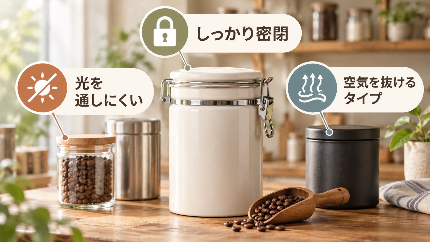 キッチンに並ぶ保存容器の写真に、しっかり密閉・光を通しにくい・空気を抜けるタイプという3つの選び方のポイントを重ねた図