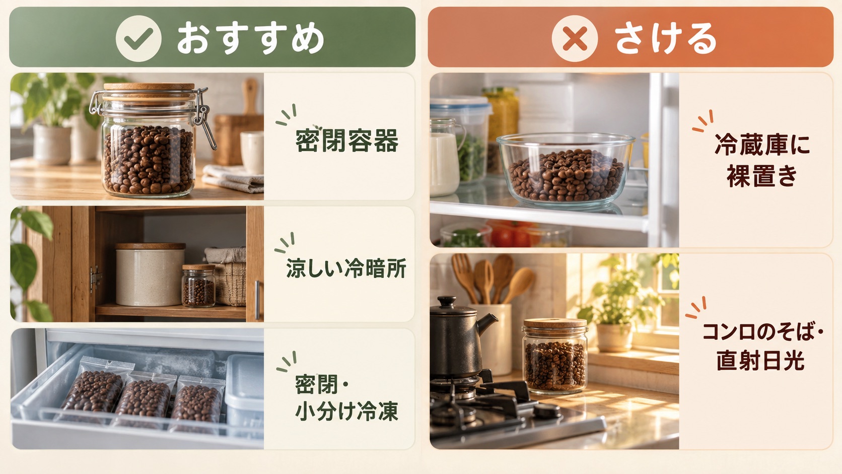 コーヒー豆の置き方を2列で比べた図。おすすめ側は密閉容器・涼しい冷暗所・密閉して小分け冷凍、さける側は冷蔵庫に裸置き・コンロのそばや直射日光