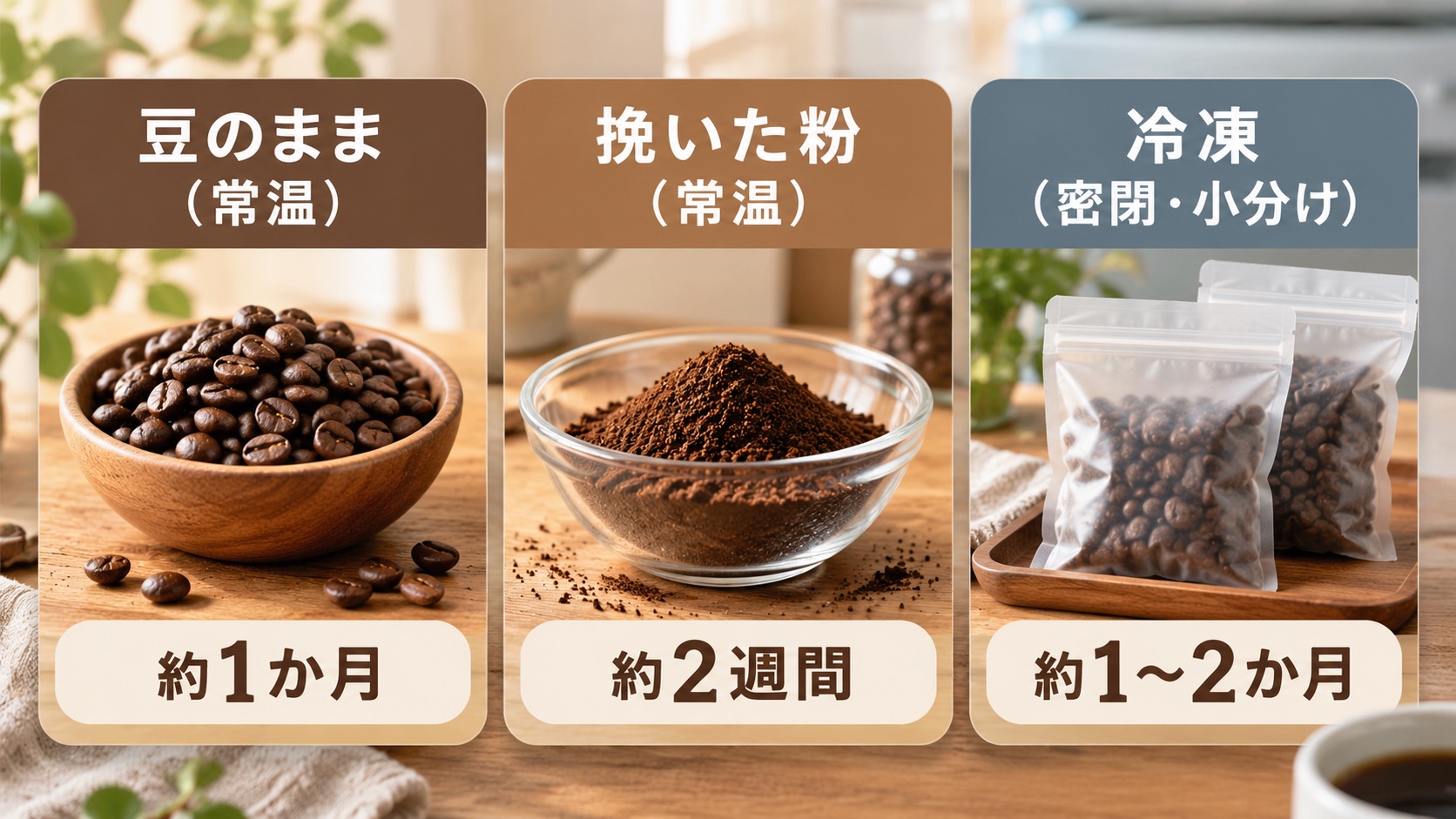 保存の仕方ごとに飲み切るまでの目安期間を並べた図。豆のまま常温、挽いた粉、冷凍保存の3つを比べている
