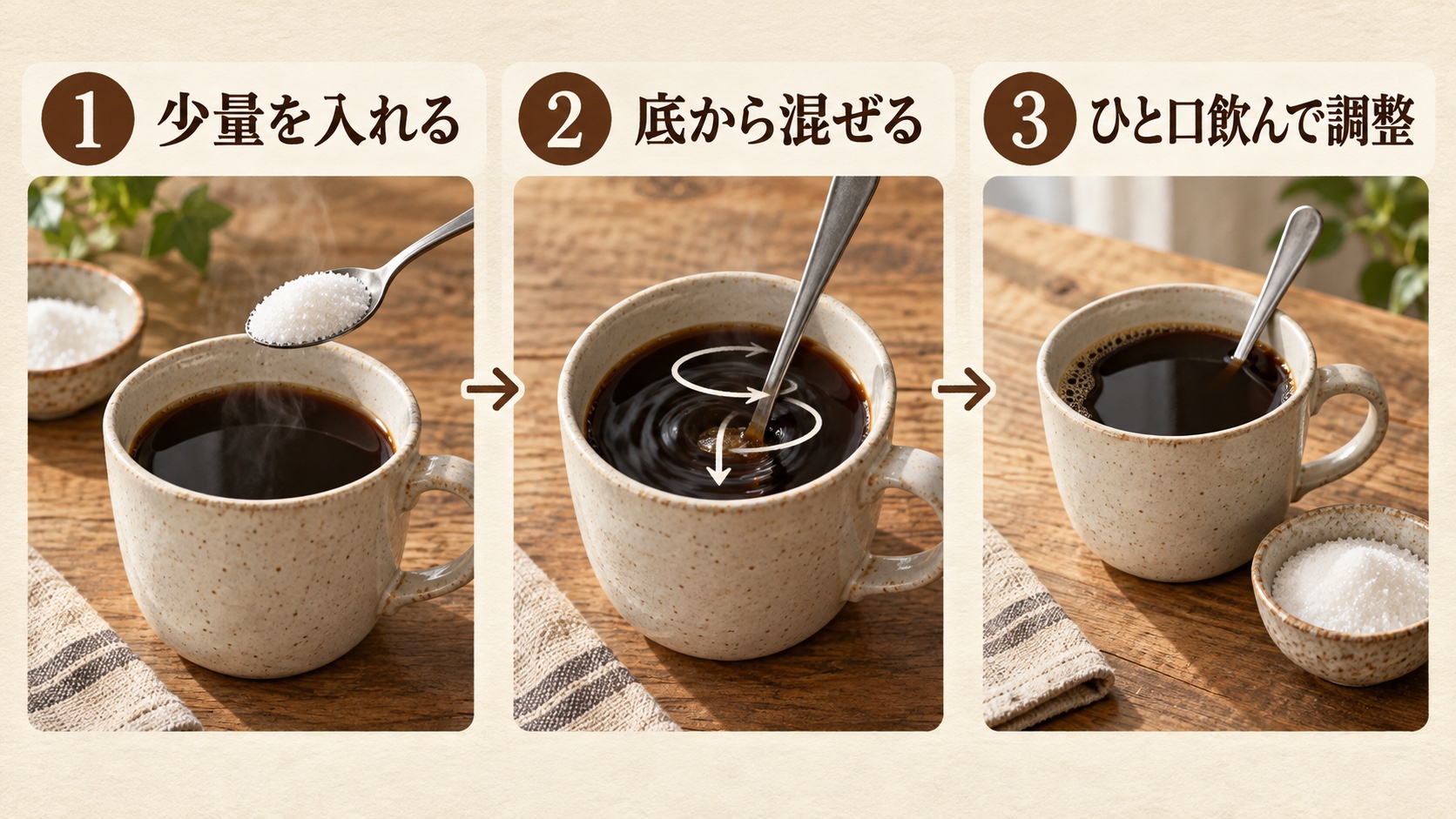 少量を入れる、底から混ぜる、ひと口飲んで調整するという甘さの整え方の三段階