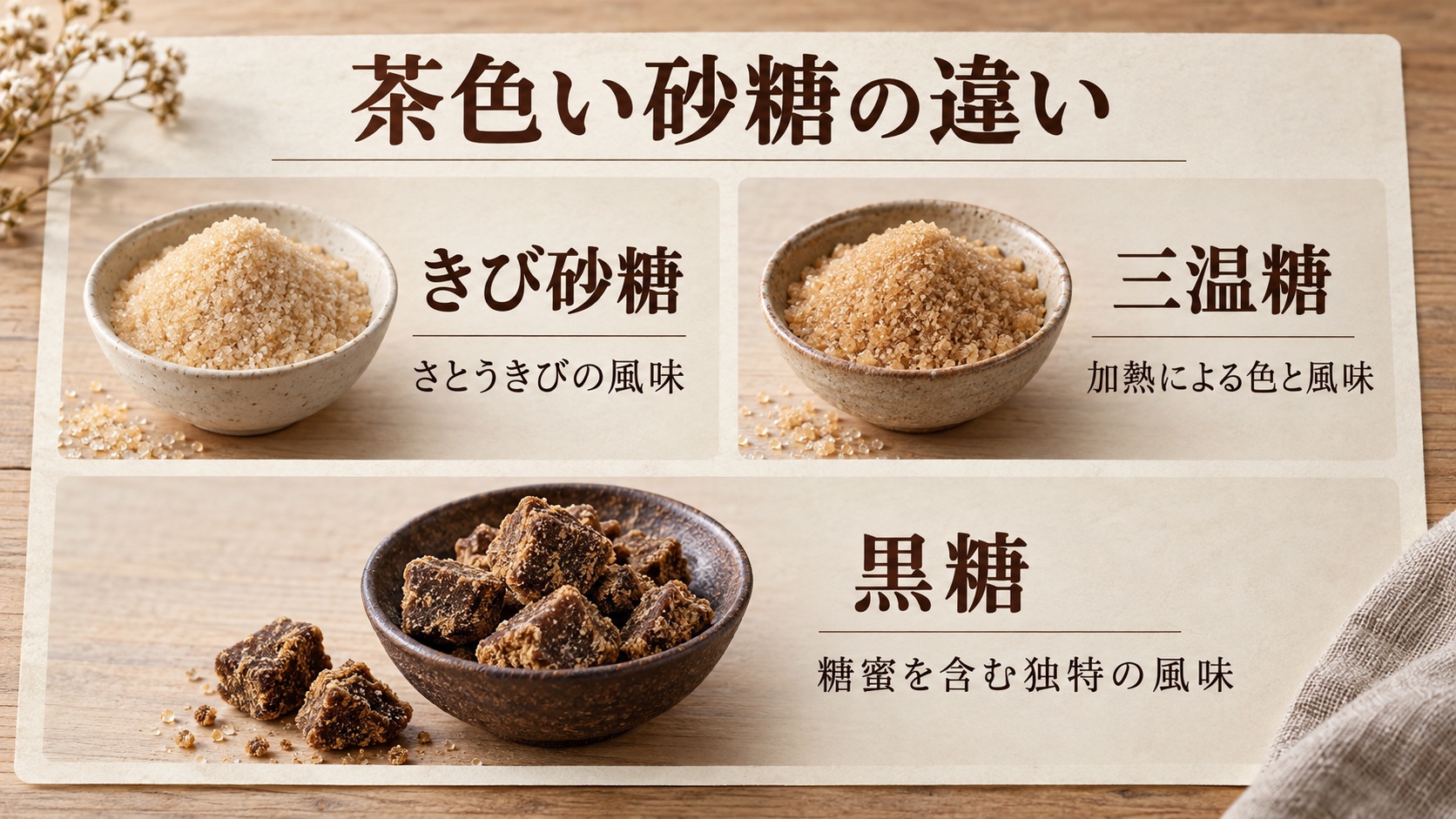 きび砂糖はさとうきびの風味、三温糖は加熱による色と風味、黒糖は糖蜜を含む独特の風味という違い